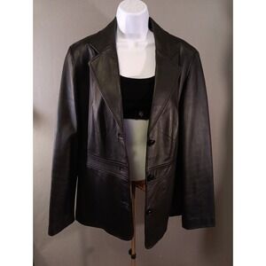 VTG Covington Vintage Womens Black Leather 3 Button Blazer Jacket Sz L 14-16 Y2K